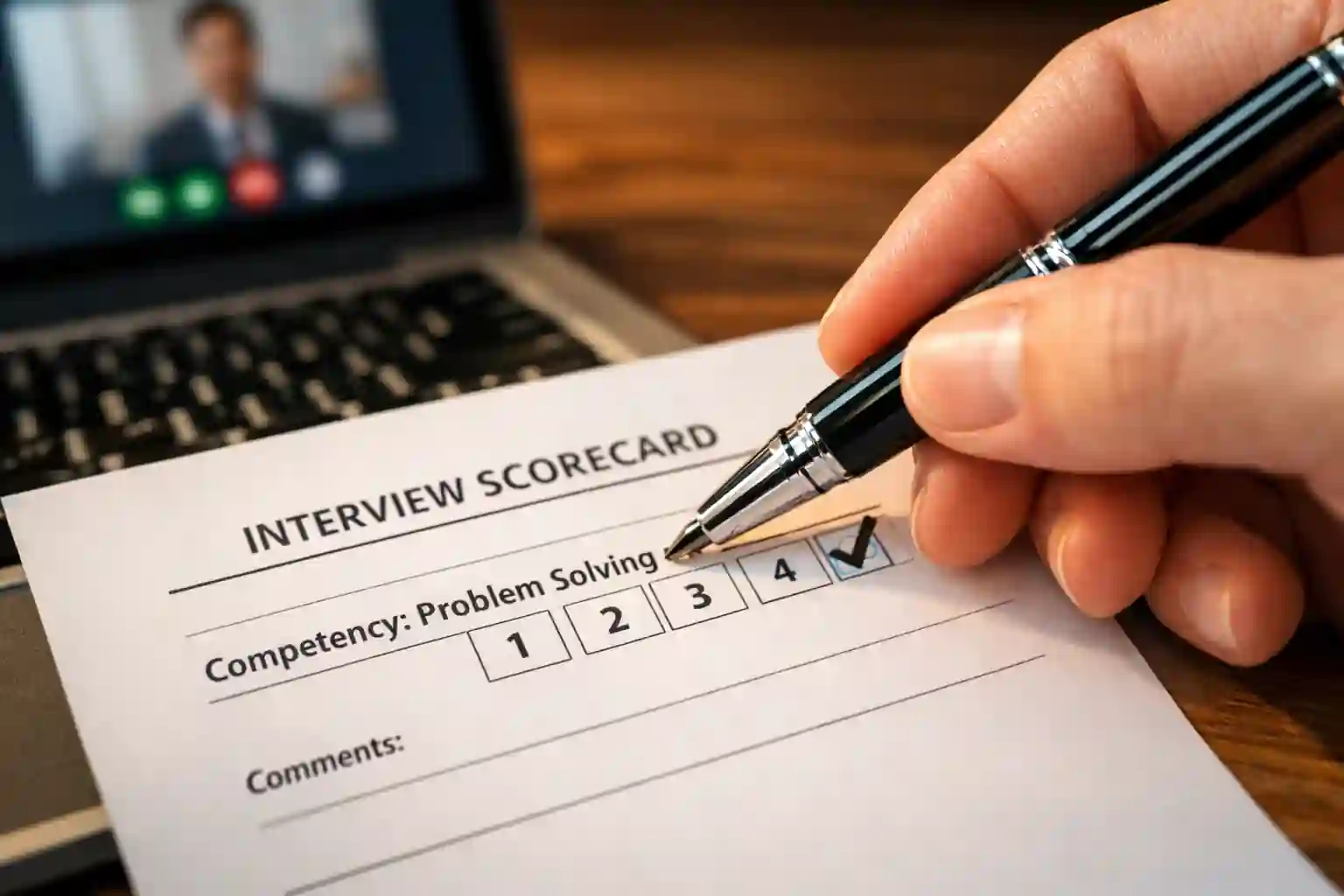 A close-up of a hand filling out an interview scorecard, focusing on objective competency ratings.