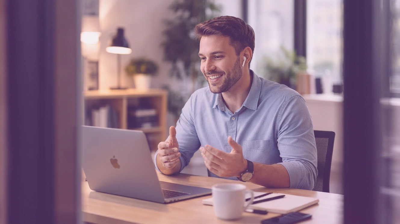 Professional interviewer conducting an attentive remote session using Maslow to achieve confident, evidence-based, and defensible hiring decisions in a modern home office.