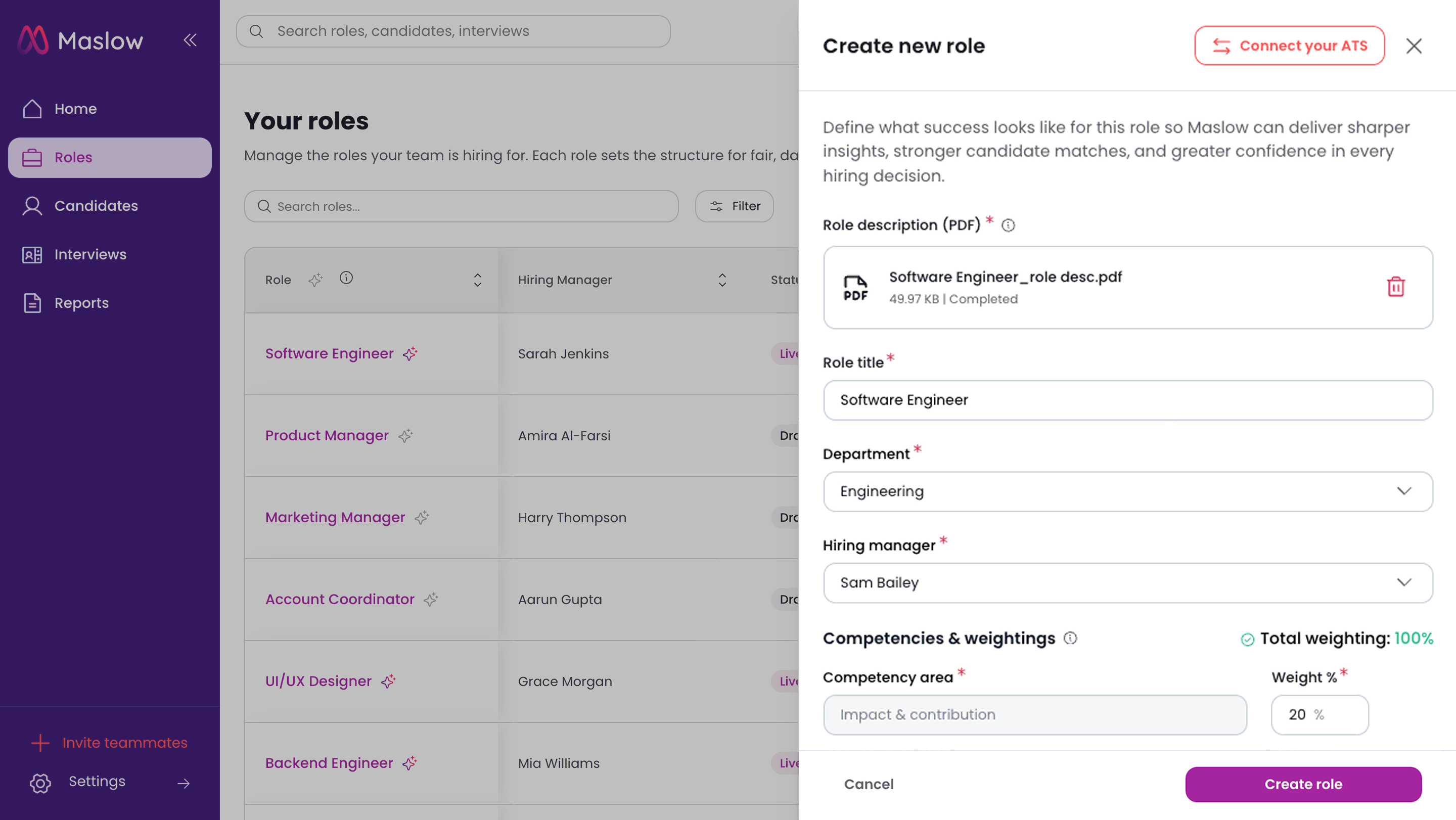 Role initialisation interface in Maslow, allowing hiring teams to define success by uploading job descriptions and configuring competency weightings for sharper AI insights