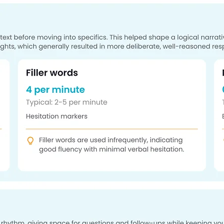 Maslow Interview Snapshot report sent to candidate showing their communications insights such as use of filler words
