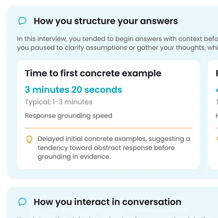 Maslow Interview Snapshot report sent to candidate showing detail of their response grounding metric and time to first concrete example.