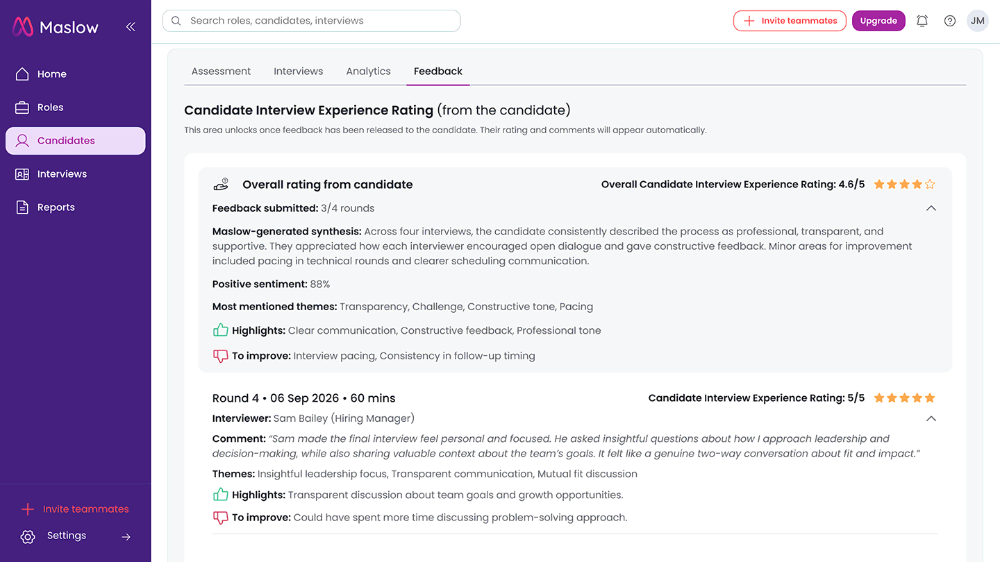 Candidate profile dashboard on Maslow displaying interview experience ratings and qualitative highlights