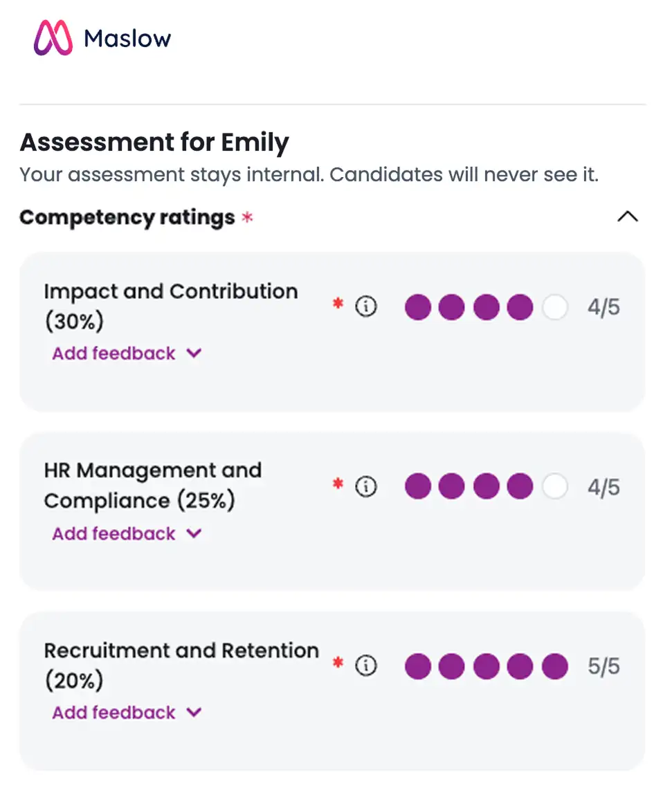 Structured interviewer assessment in Maslow extension showing weighted competency ratings and evidence-based feedback fields