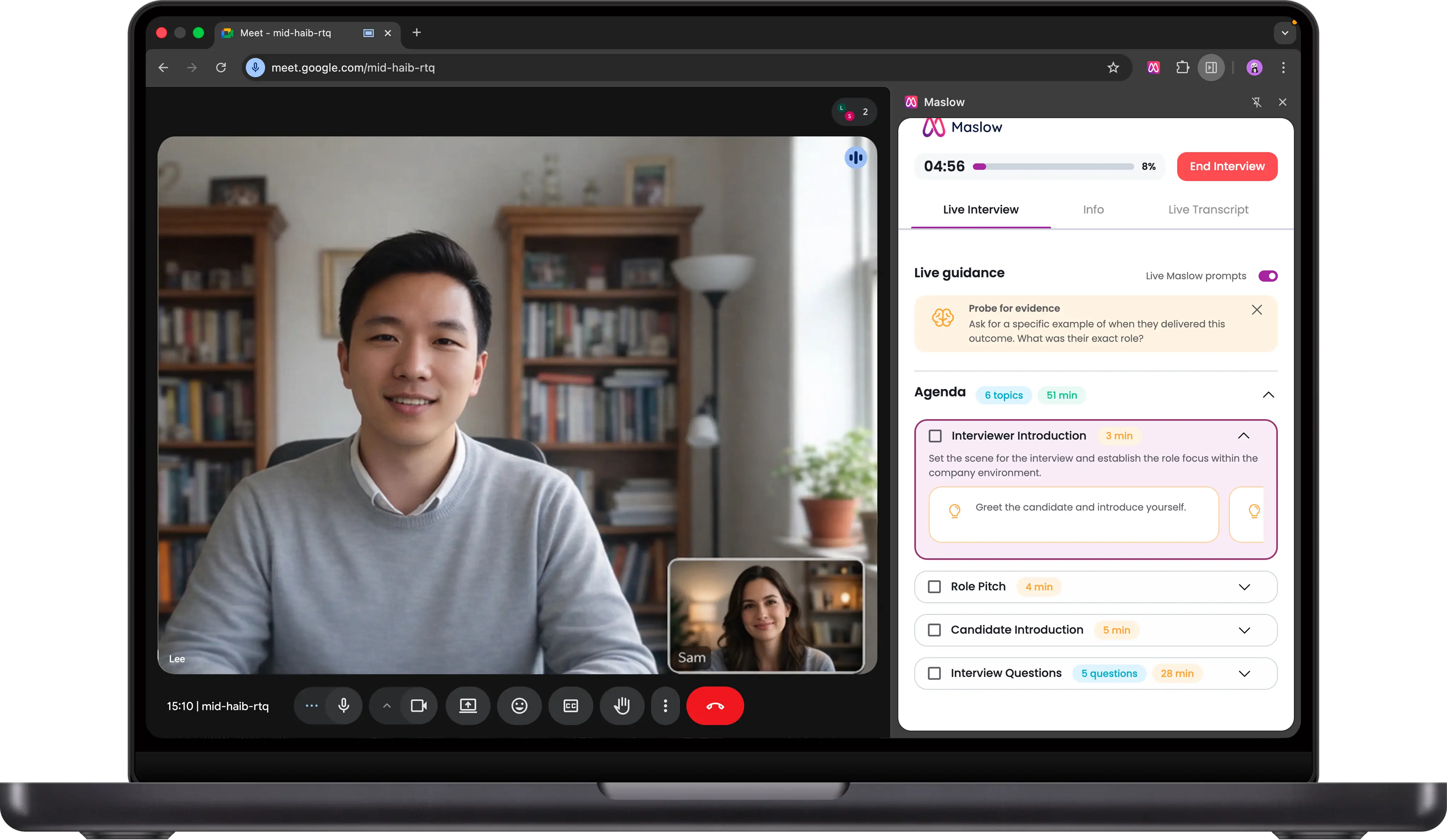 Maslow extension with structured agenda ready for live interview with candidate in Google Meet