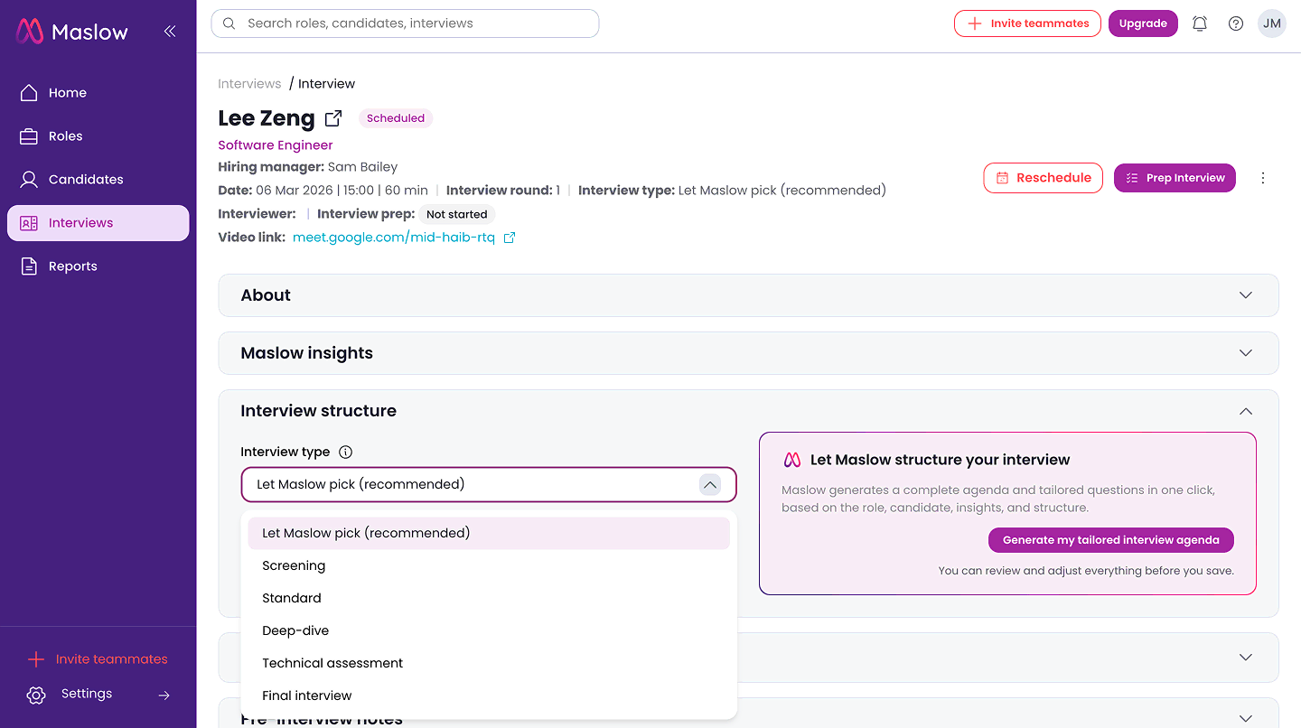 Maslow dashboard showing the automated interview prep generator with tailored agenda options